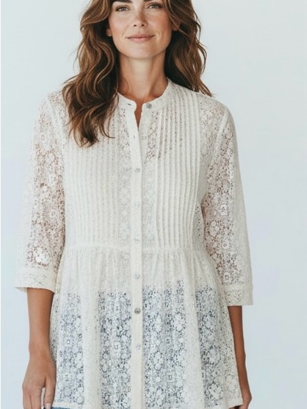 True Grit Ivory Lace Peplum Button-Up Tunic, 3/4 Sleeves, Sheer